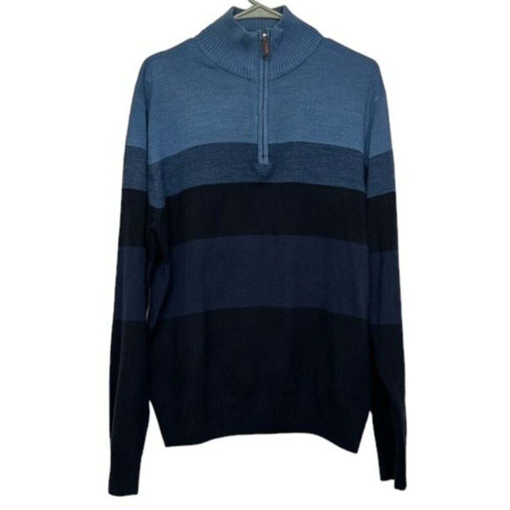 Men's Tricot St Raphael Blue Stripe Quarter-Zip 1/4 Sweater Size Large EUC #1506
